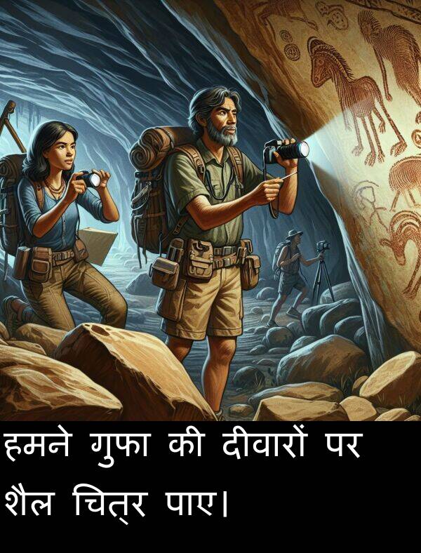 पाए।: हमने गुफा की दीवारों पर शैल चित्र पाए।