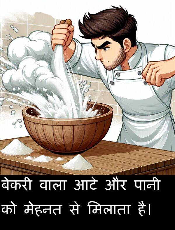 मिलाता: बेकरी वाला आटे और पानी को मेहनत से मिलाता है।