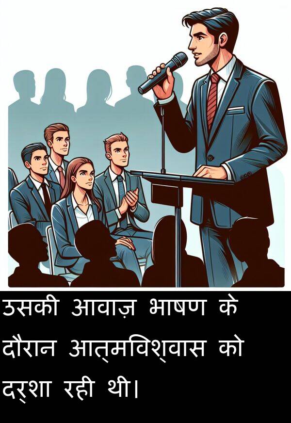 आवाज़: उसकी आवाज़ भाषण के दौरान आत्मविश्वास को दर्शा रही थी।