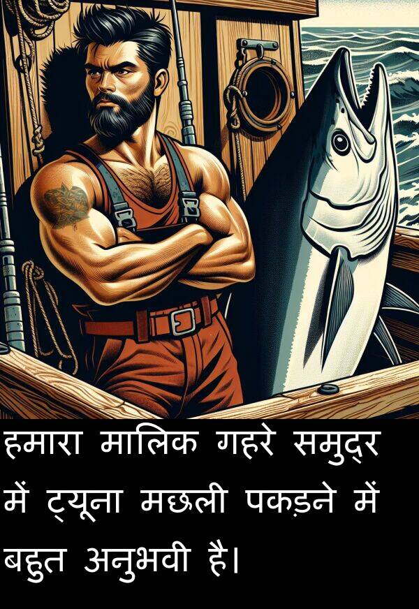 हमारा: हमारा मालिक गहरे समुद्र में ट्यूना मछली पकड़ने में बहुत अनुभवी है।
