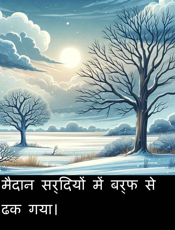सर्दियों: मैदान सर्दियों में बर्फ से ढक गया।