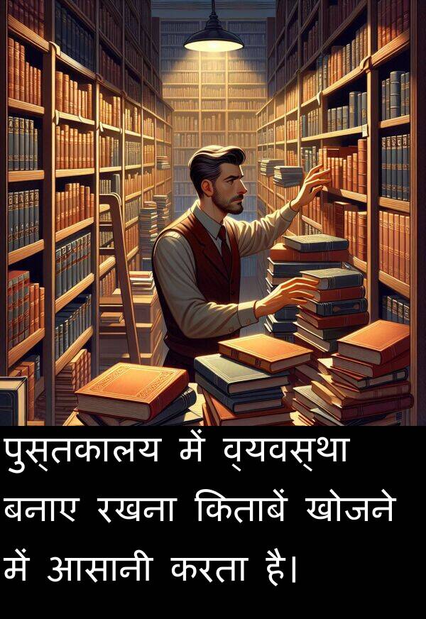 खोजने: पुस्तकालय में व्यवस्था बनाए रखना किताबें खोजने में आसानी करता है।