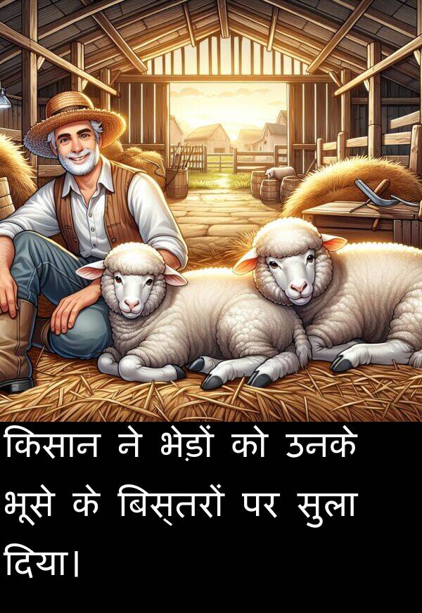 भूसे: किसान ने भेड़ों को उनके भूसे के बिस्तरों पर सुला दिया।