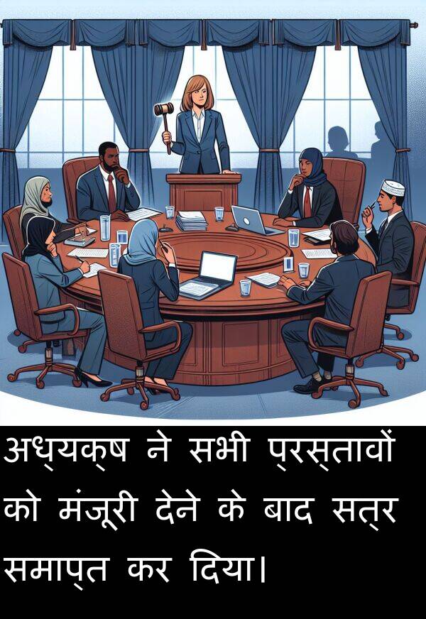 समाप्त: अध्यक्ष ने सभी प्रस्तावों को मंजूरी देने के बाद सत्र समाप्त कर दिया।