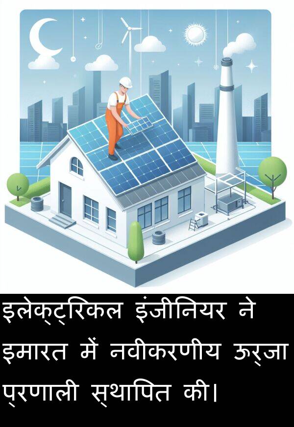 इलेक्ट्रिकल: इलेक्ट्रिकल इंजीनियर ने इमारत में नवीकरणीय ऊर्जा प्रणाली स्थापित की।