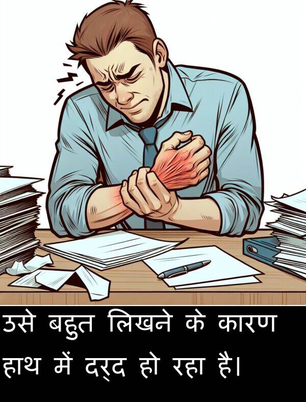 लिखने: उसे बहुत लिखने के कारण हाथ में दर्द हो रहा है।