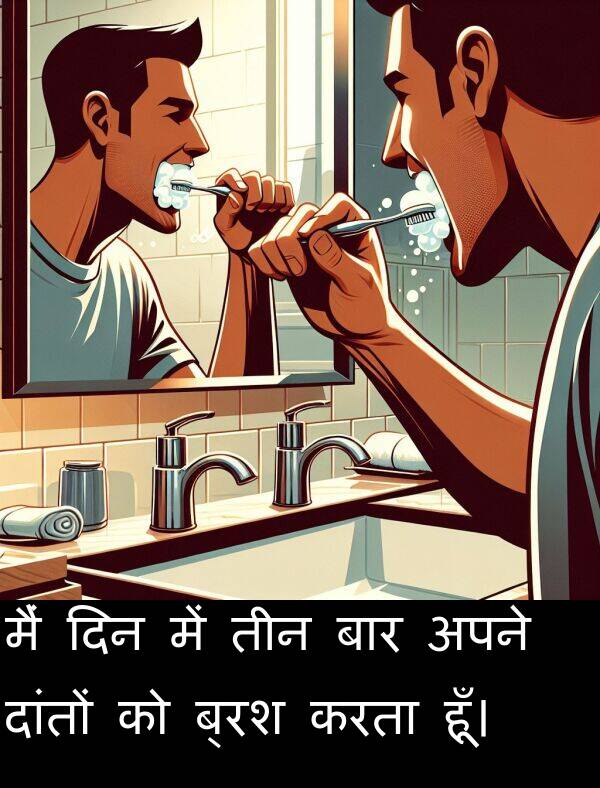 तीन: मैं दिन में तीन बार अपने दांतों को ब्रश करता हूँ।