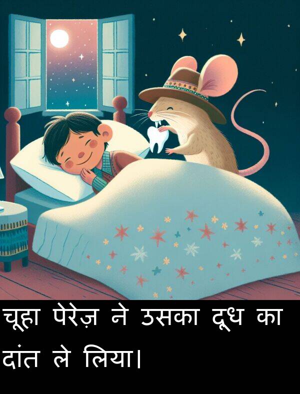 लिया।: चूहा पेरेज़ ने उसका दूध का दांत ले लिया।