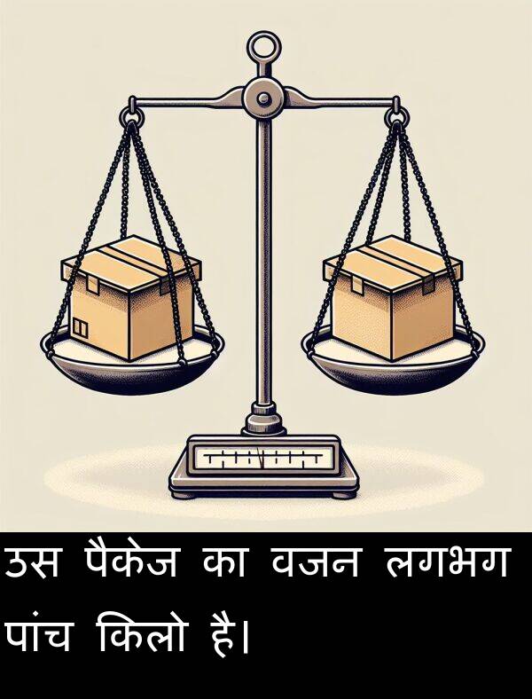 लगभग: उस पैकेज का वजन लगभग पांच किलो है।