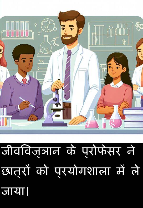 छात्रों: जीवविज्ञान के प्रोफेसर ने छात्रों को प्रयोगशाला में ले जाया।