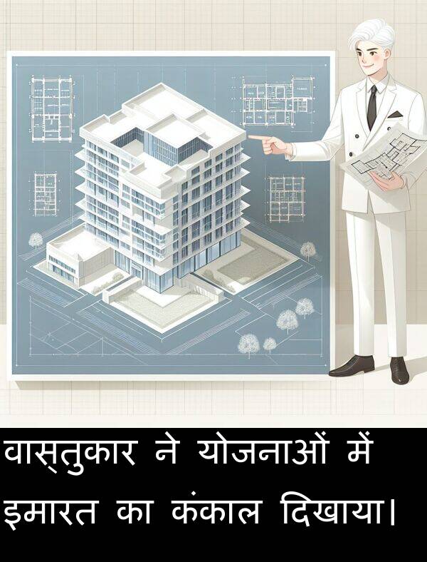 वास्तुकार: वास्तुकार ने योजनाओं में इमारत का कंकाल दिखाया।