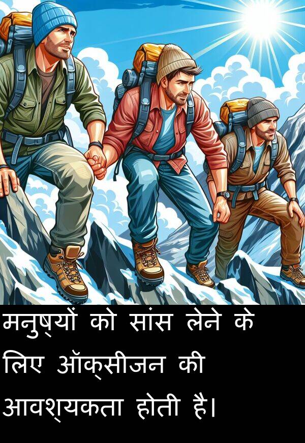 लेने: मनुष्यों को सांस लेने के लिए ऑक्सीजन की आवश्यकता होती है।