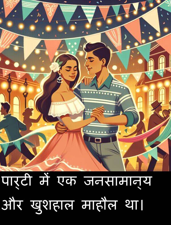 खुशहाल: पार्टी में एक जनसामान्य और खुशहाल माहौल था।