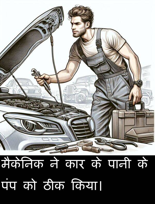 पंप: मैकेनिक ने कार के पानी के पंप को ठीक किया।