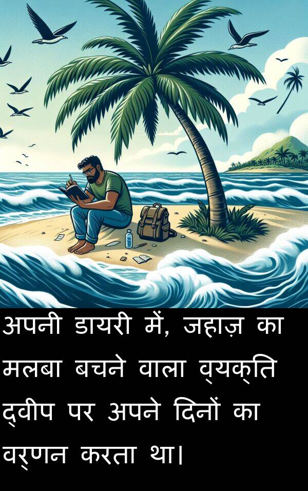 बचने: अपनी डायरी में, जहाज़ का मलबा बचने वाला व्यक्ति द्वीप पर अपने दिनों का वर्णन करता था।