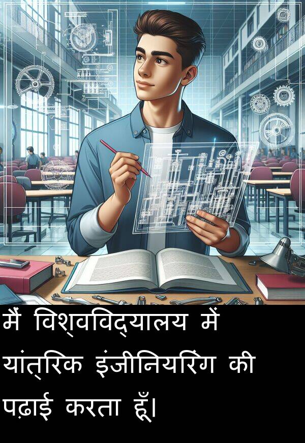 पढ़ाई: मैं विश्वविद्यालय में यांत्रिक इंजीनियरिंग की पढ़ाई करता हूँ।