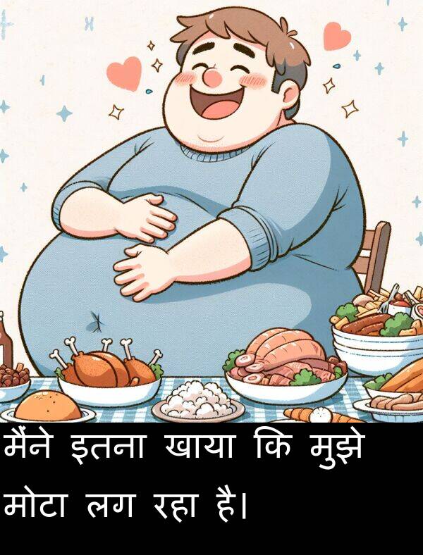 खाया: मैंने इतना खाया कि मुझे मोटा लग रहा है।