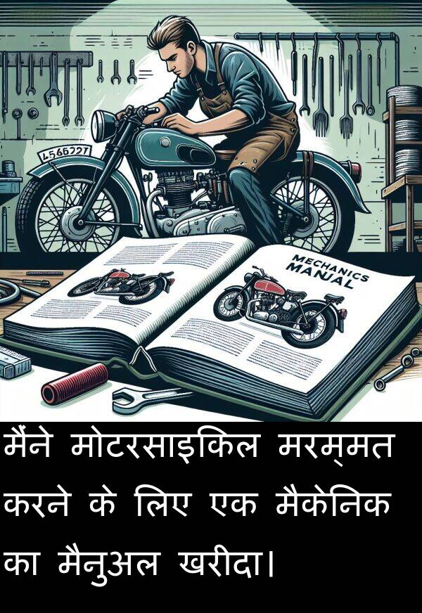 खरीदा।: मैंने मोटरसाइकिल मरम्मत करने के लिए एक मैकेनिक का मैनुअल खरीदा।