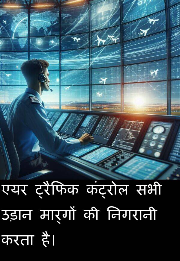 उड़ान: एयर ट्रैफिक कंट्रोल सभी उड़ान मार्गों की निगरानी करता है।