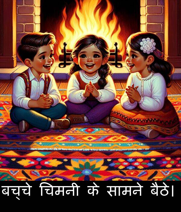 बच्चे: बच्चे चिमनी के सामने बैठे।