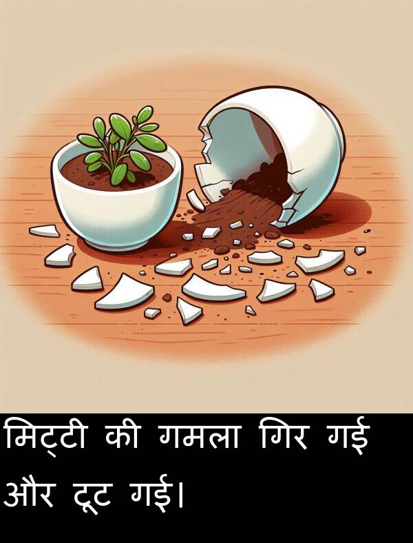 गिर: मिट्टी की गमला गिर गई और टूट गई।