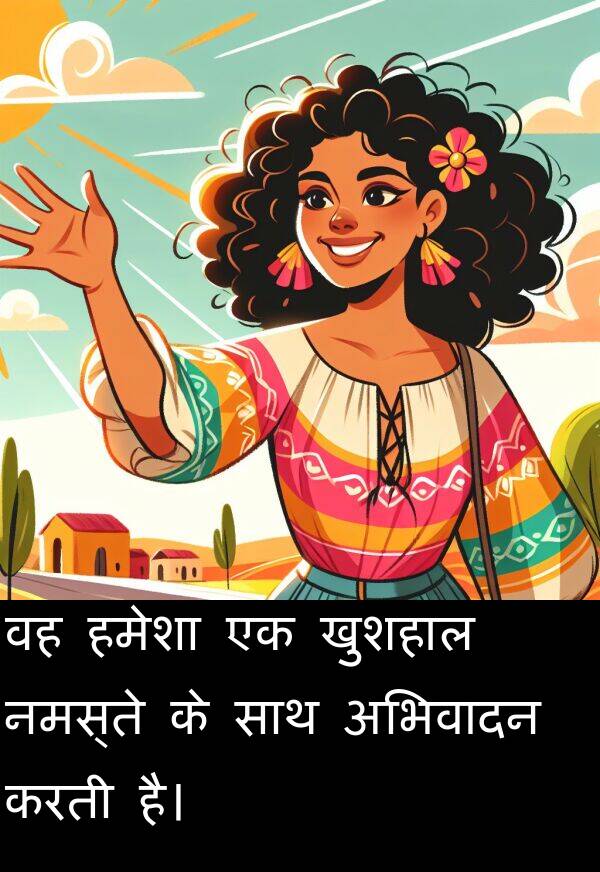 खुशहाल: वह हमेशा एक खुशहाल नमस्ते के साथ अभिवादन करती है।