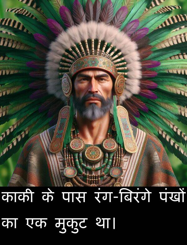 पंखों: काकी के पास रंग-बिरंगे पंखों का एक मुकुट था।