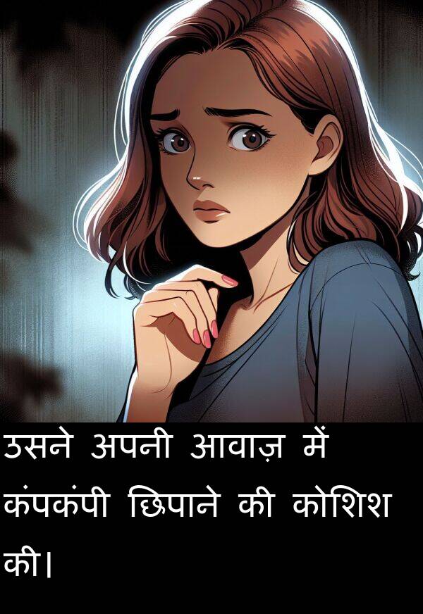 आवाज़: उसने अपनी आवाज़ में कंपकंपी छिपाने की कोशिश की।