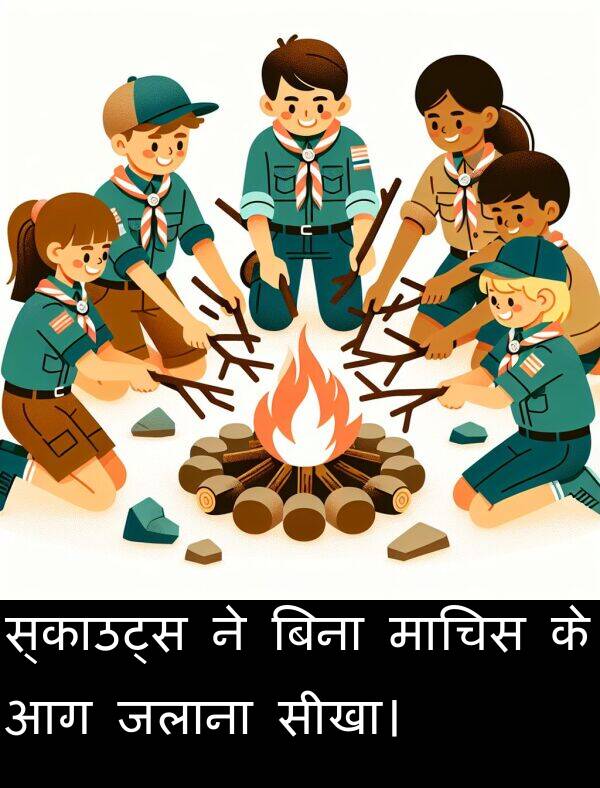 माचिस: स्काउट्स ने बिना माचिस के आग जलाना सीखा।