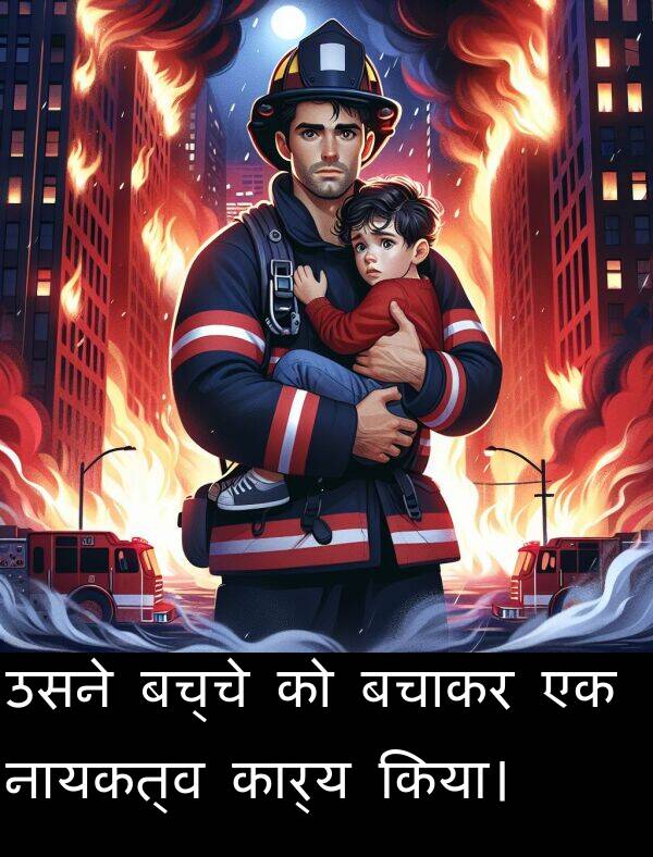 उसने: उसने बच्चे को बचाकर एक नायकत्व कार्य किया।