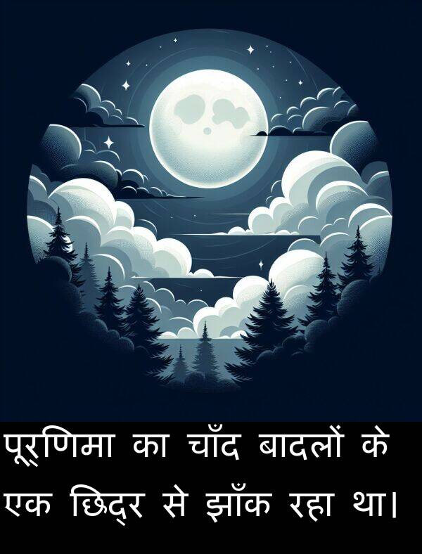 छिद्र: पूर्णिमा का चाँद बादलों के एक छिद्र से झाँक रहा था।