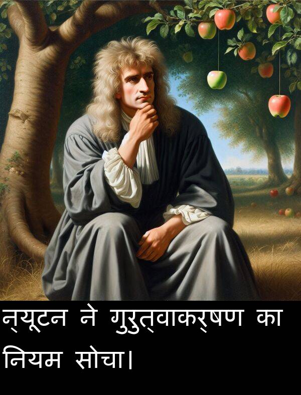 न्यूटन: न्यूटन ने गुरुत्वाकर्षण का नियम सोचा।