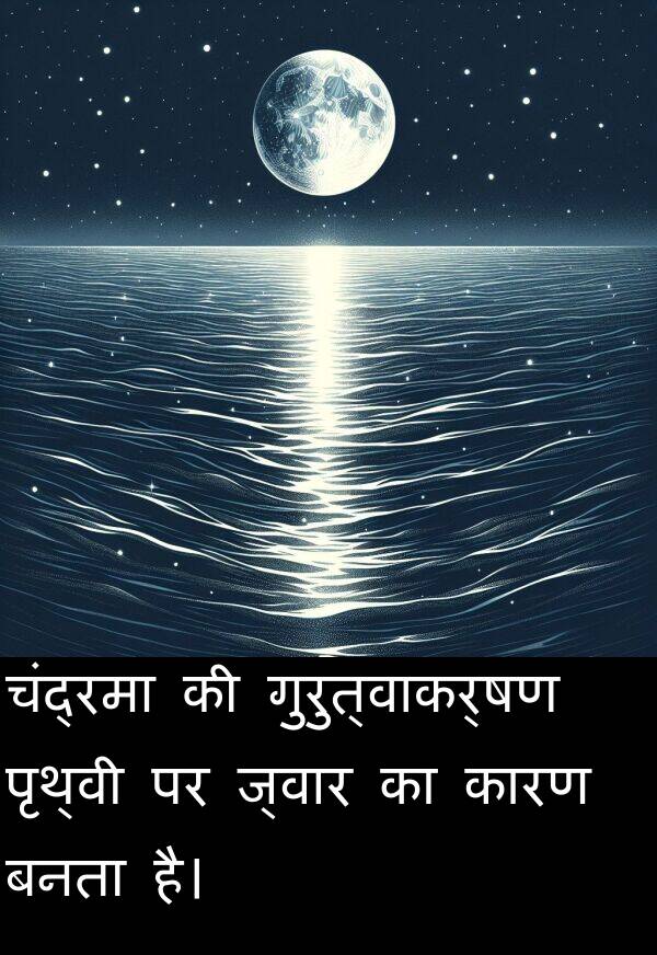 गुरुत्वाकर्षण: चंद्रमा की गुरुत्वाकर्षण पृथ्वी पर ज्वार का कारण बनता है।