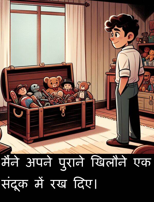 खिलौने: मैंने अपने पुराने खिलौने एक संदूक में रख दिए।