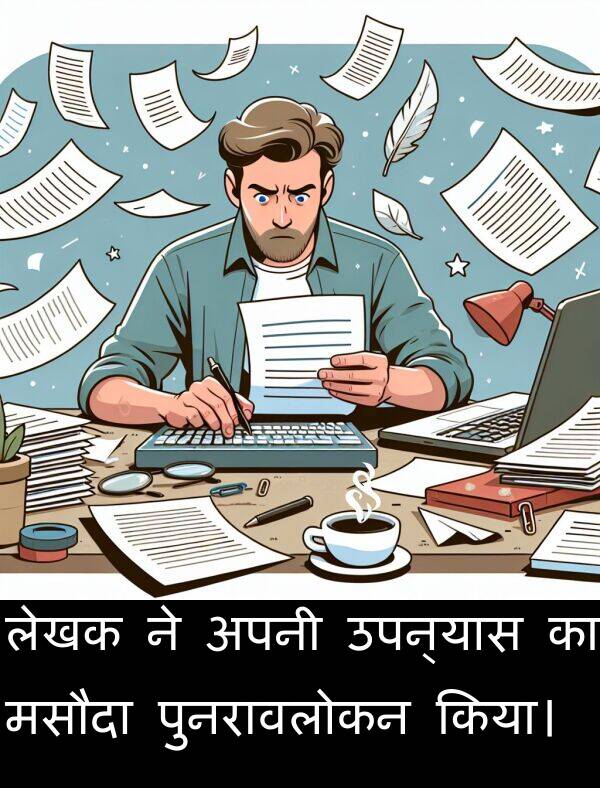 लेखक: लेखक ने अपनी उपन्यास का मसौदा पुनरावलोकन किया।