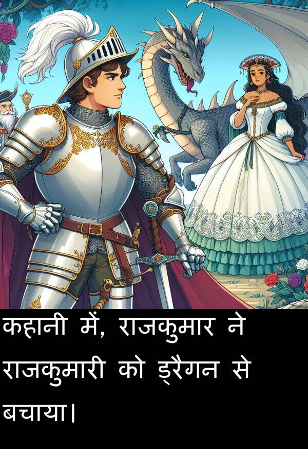 बचाया।: कहानी में, राजकुमार ने राजकुमारी को ड्रैगन से बचाया।
