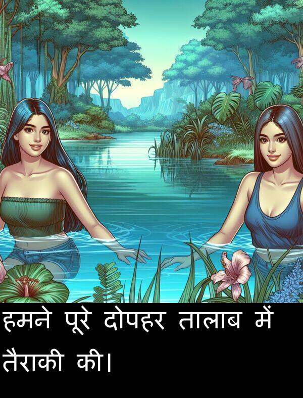 दोपहर: हमने पूरे दोपहर तालाब में तैराकी की।