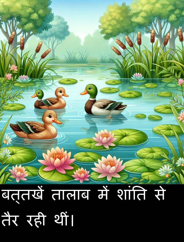 रही: बत्तखें तालाब में शांति से तैर रही थीं।