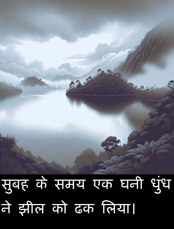 लिया।: सुबह के समय एक घनी धुंध ने झील को ढक लिया।