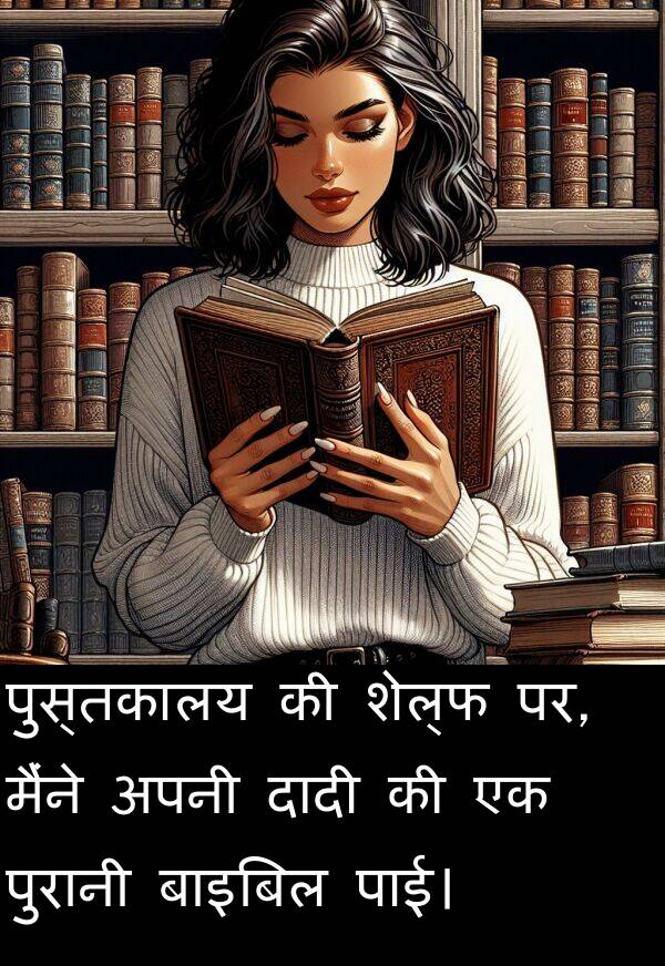 पर: पुस्तकालय की शेल्फ पर, मैंने अपनी दादी की एक पुरानी बाइबिल पाई।
