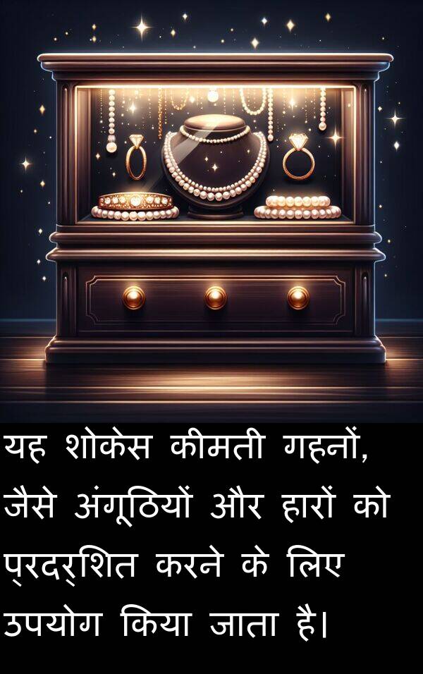 अंगूठियों: यह शोकेस कीमती गहनों, जैसे अंगूठियों और हारों को प्रदर्शित करने के लिए उपयोग किया जाता है।
