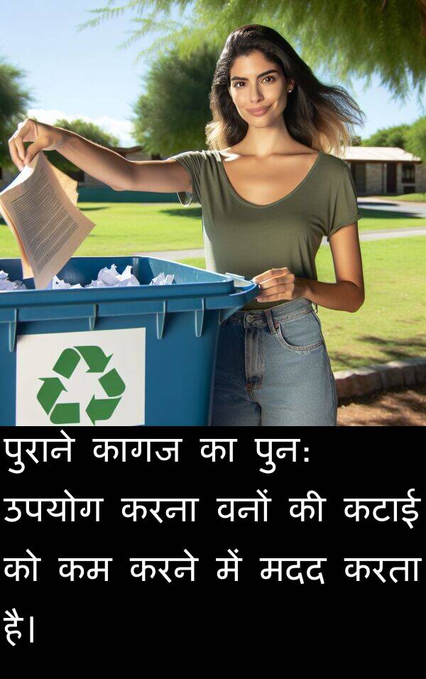 पुन: पुराने कागज का पुन: उपयोग करना वनों की कटाई को कम करने में मदद करता है।