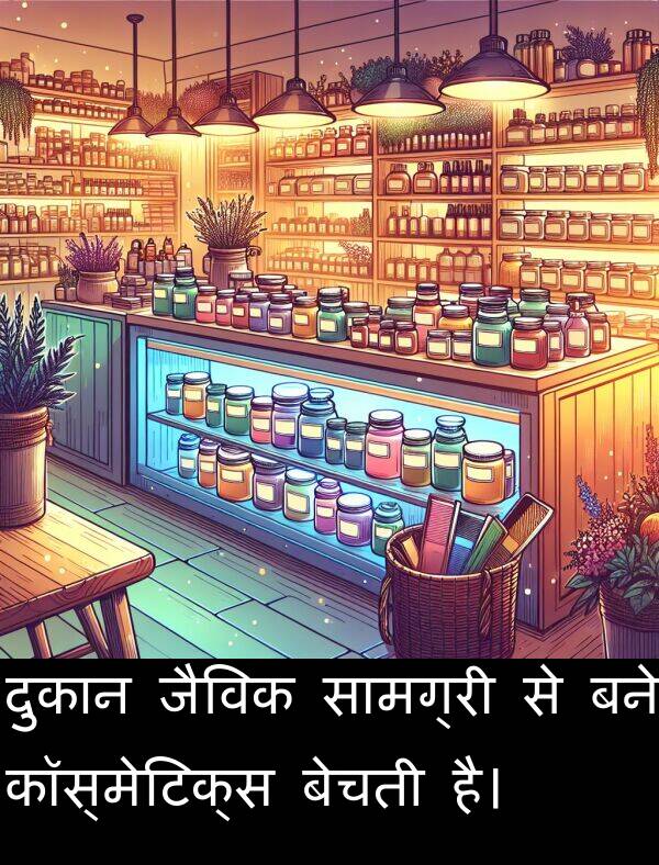 बने: दुकान जैविक सामग्री से बने कॉस्मेटिक्स बेचती है।