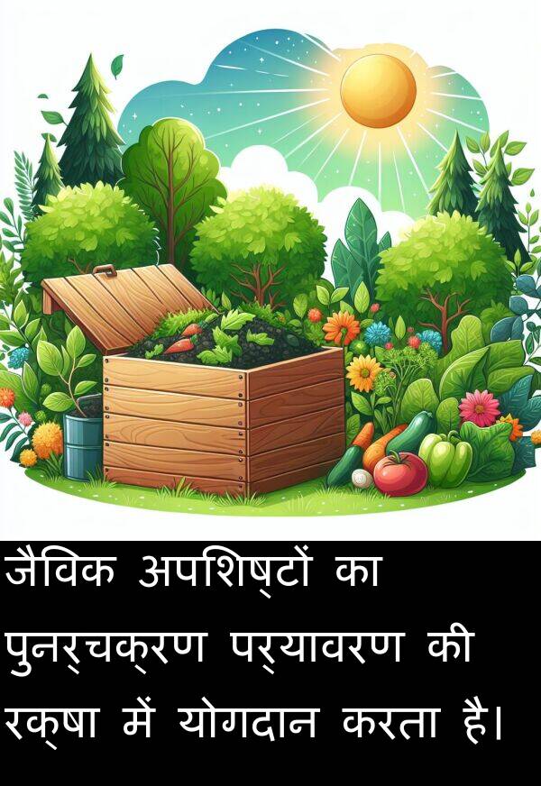 पुनर्चक्रण: जैविक अपशिष्टों का पुनर्चक्रण पर्यावरण की रक्षा में योगदान करता है।
