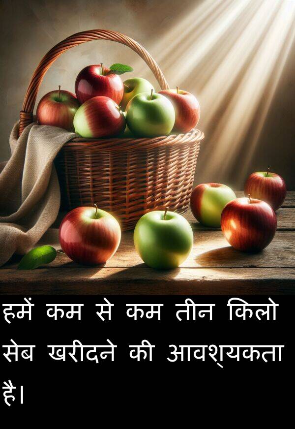 खरीदने: हमें कम से कम तीन किलो सेब खरीदने की आवश्यकता है।