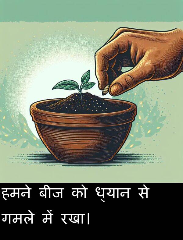 ध्यान: हमने बीज को ध्यान से गमले में रखा।