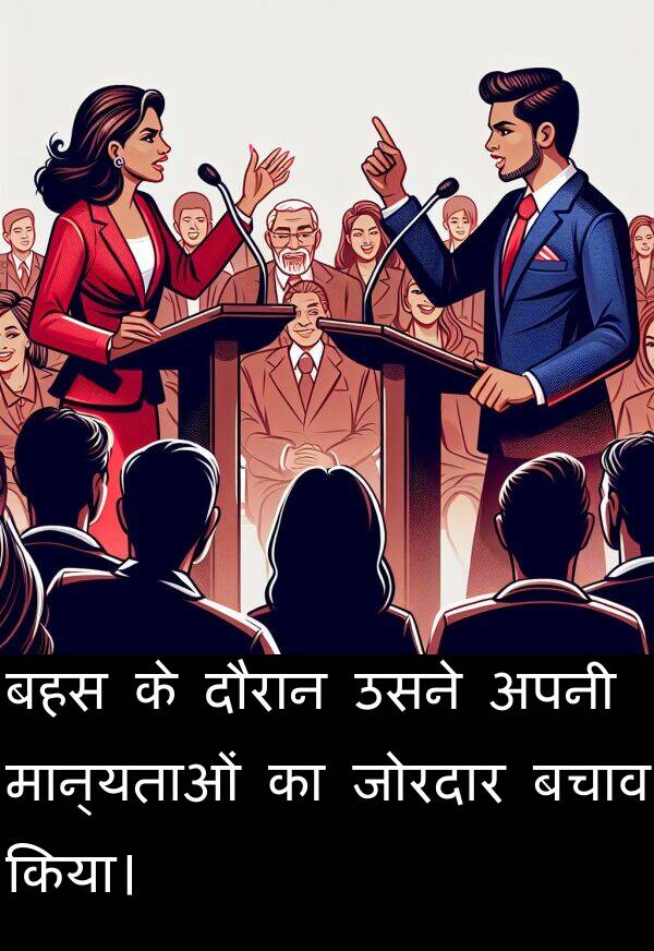 मान्यताओं: बहस के दौरान उसने अपनी मान्यताओं का जोरदार बचाव किया।