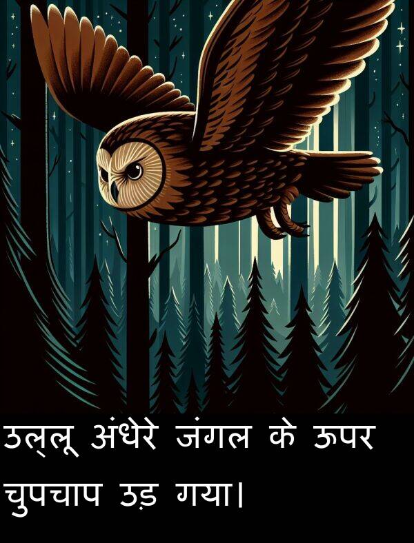 उल्लू: उल्लू अंधेरे जंगल के ऊपर चुपचाप उड़ गया।