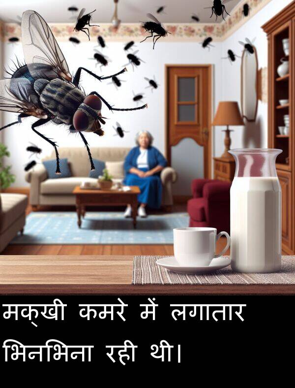 लगातार: मक्खी कमरे में लगातार भिनभिना रही थी।