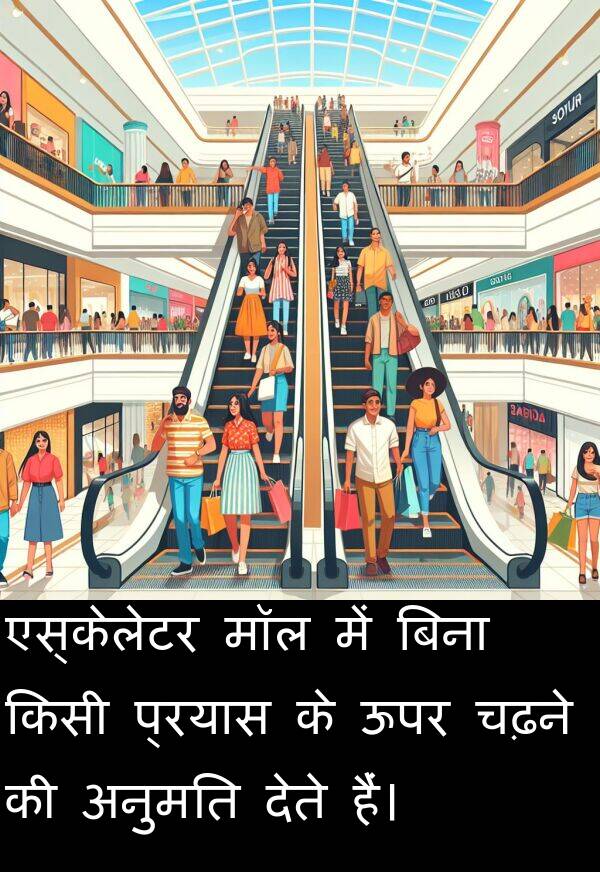 चढ़ने: एस्केलेटर मॉल में बिना किसी प्रयास के ऊपर चढ़ने की अनुमति देते हैं।